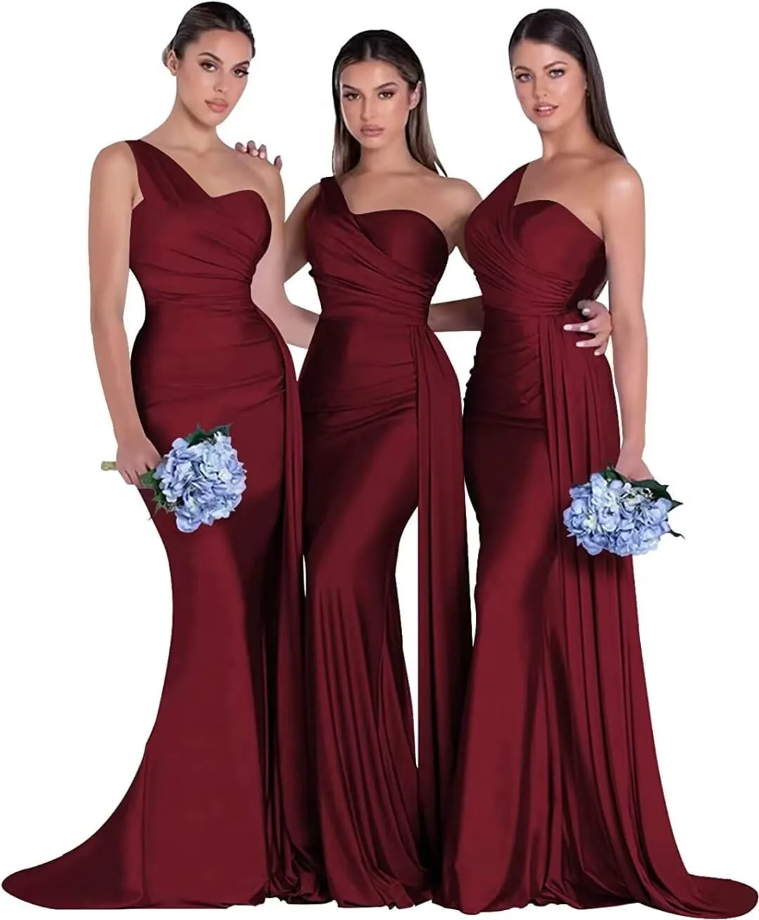 One Shoulder Bridesmaid Dresses Satin Mermaid Long Formal Dresses Pleated Prom Dress for Wedding Women