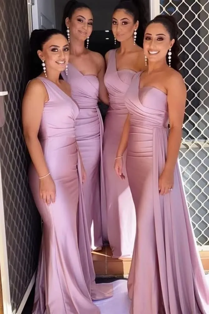 One Shoulder Bridesmaid Dresses Satin Mermaid Long Formal Dresses Pleated Prom Dress for Wedding Women