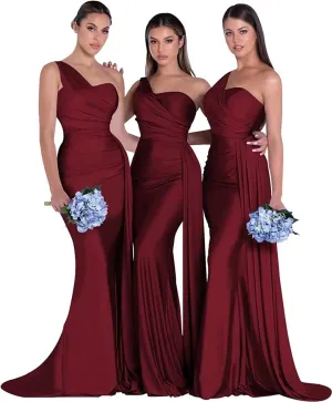 One Shoulder Bridesmaid Dresses Satin Mermaid Long Formal Dresses Pleated Prom Dress for Wedding Women