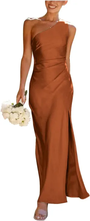 One Shoulder Bridesmaid Dresses with Slit Satin Mermaid Pleated Prom Gowns Beach Forman Dress B1020
