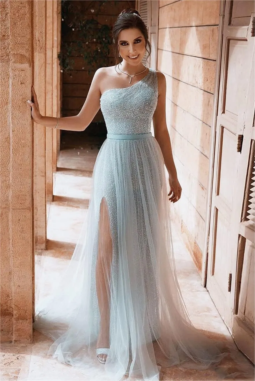 One Shoulder Prom Dresses for Women Long 2025 Sequin Formal Evening Gowns Tulle Wedding Dress