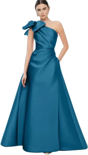 One Shoulder Prom Dresses with Bow Satin Mother of The Bride Dress A Line Formal Evening Party Dresses S-P011