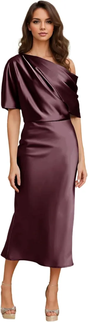 One Shoulder Satin Formal Dresses for Women Tea Length Evening Gown Evening Party Cocktail Dress