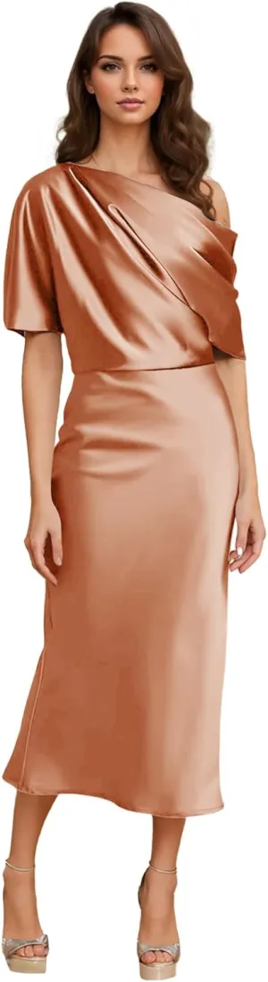 One Shoulder Satin Formal Dresses for Women Tea Length Evening Gown Evening Party Cocktail Dress