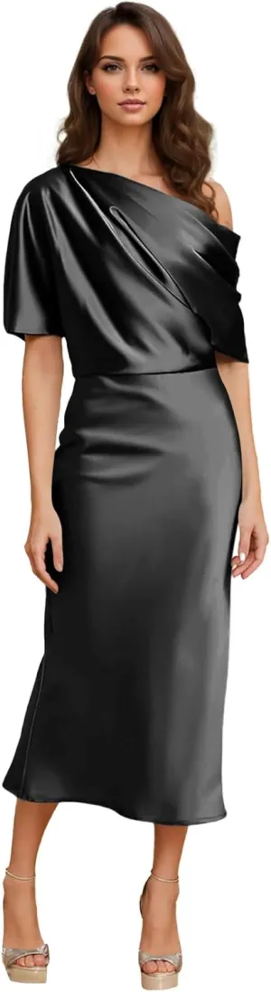 One Shoulder Satin Formal Dresses for Women Tea Length Evening Gown Evening Party Cocktail Dress
