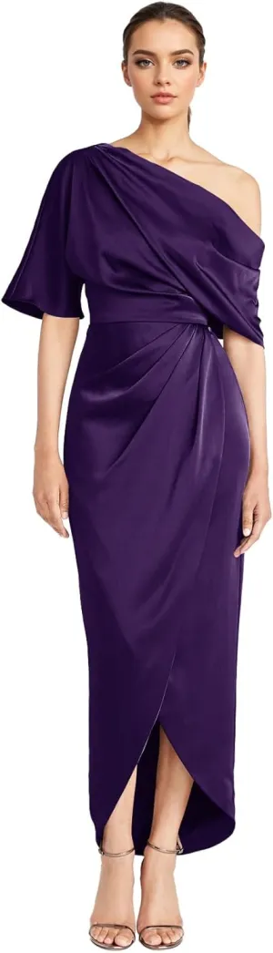One Shoulder Satin Mother of The Bride Dresses for Wedding - Tea Length Formal Evening Dress with Slit