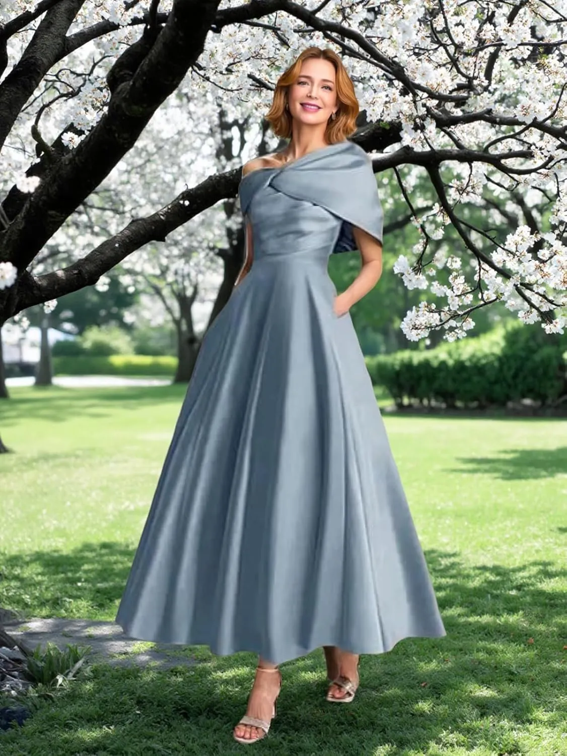 One Shoulder Satin Mother of The Bride Dresses for Women 2025 Tea Length A-Line Ruffle Formal Prom Evening Gowns