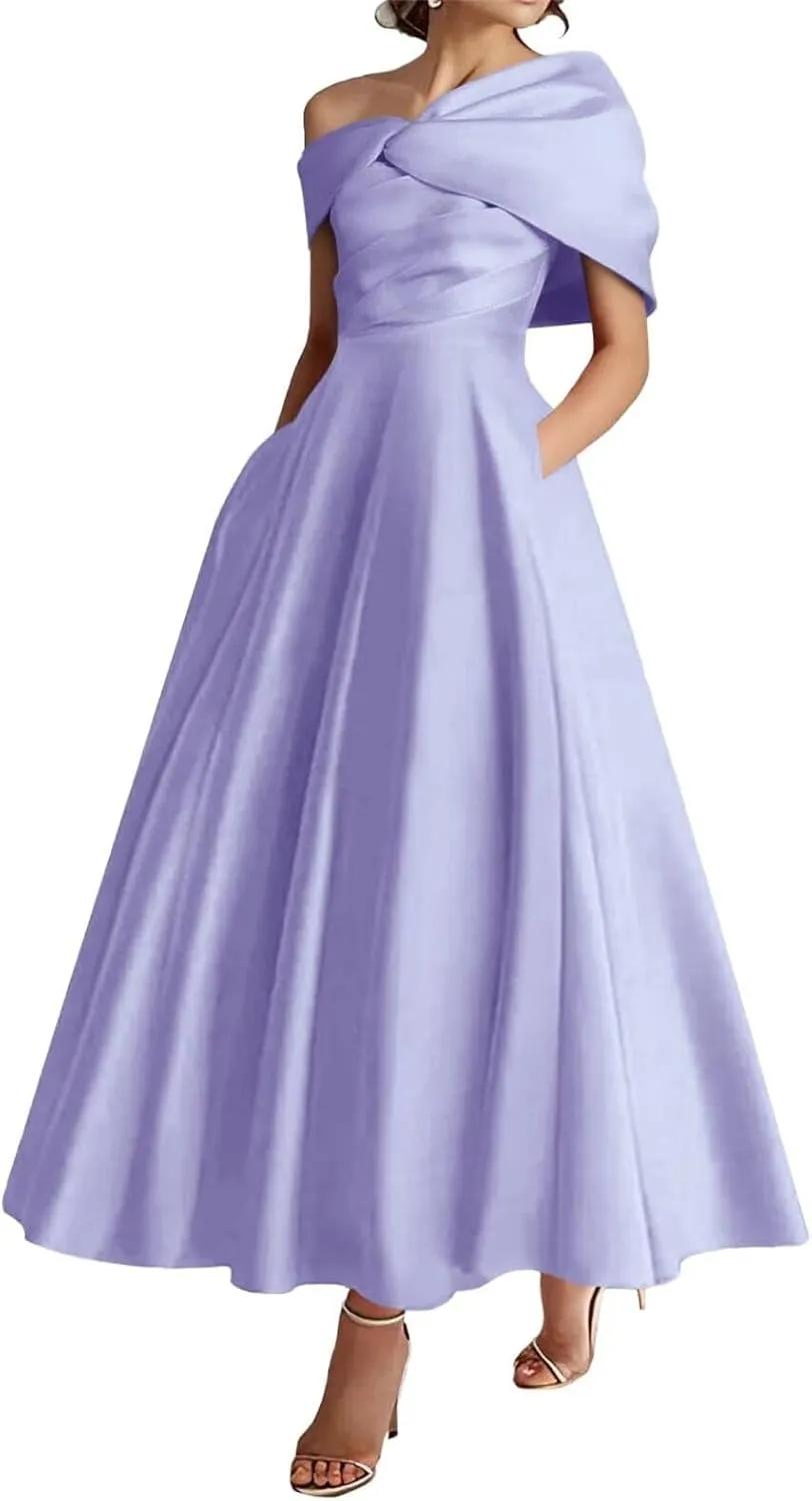 One Shoulder Satin Mother of The Bride Dresses for Women 2025 Tea Length A-Line Ruffle Formal Prom Evening Gowns