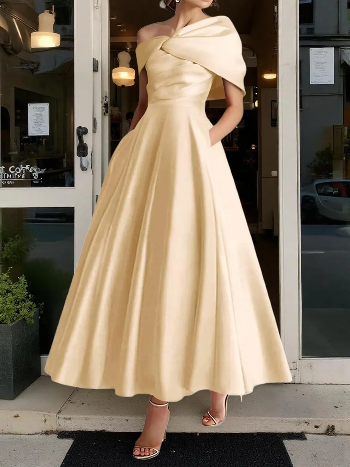 One Shoulder Satin Mother of The Bride Dresses for Women 2025 Tea Length A-Line Ruffle Formal Prom Evening Gowns