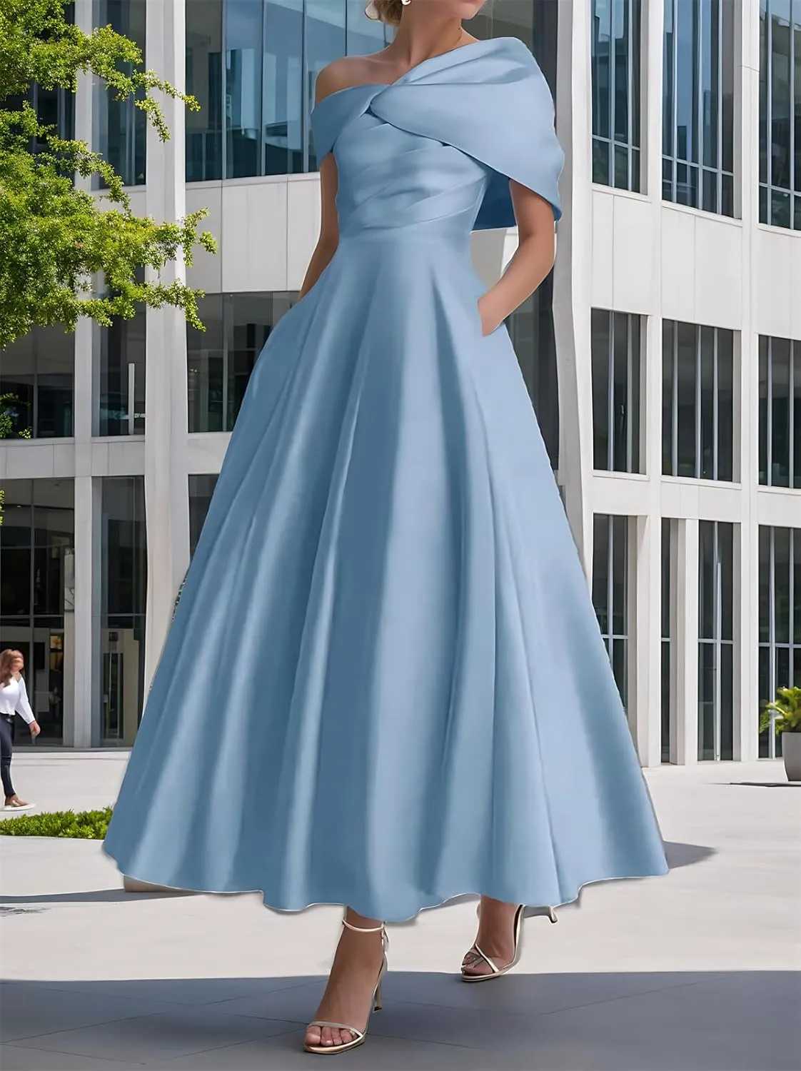 One Shoulder Satin Mother of The Bride Dresses for Women 2025 Tea Length A-Line Ruffle Formal Prom Evening Gowns