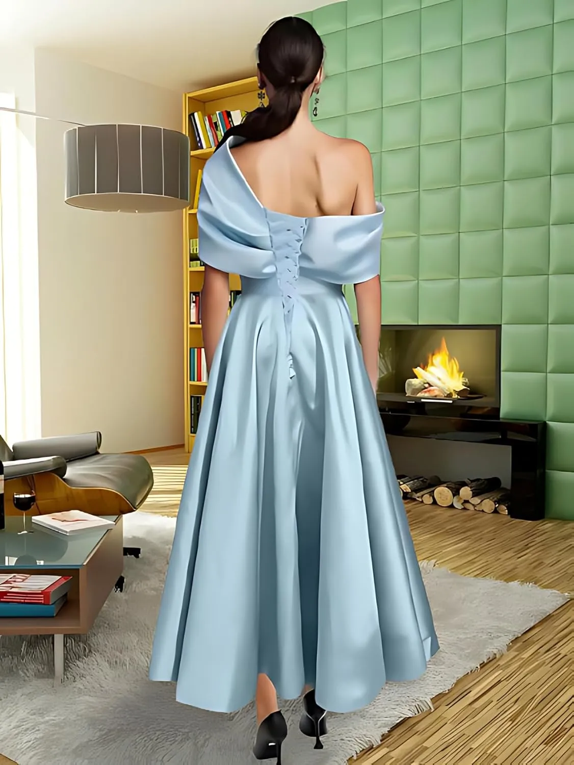 One Shoulder Satin Mother of The Bride Dresses for Women 2025 Tea Length A-Line Ruffle Formal Prom Evening Gowns