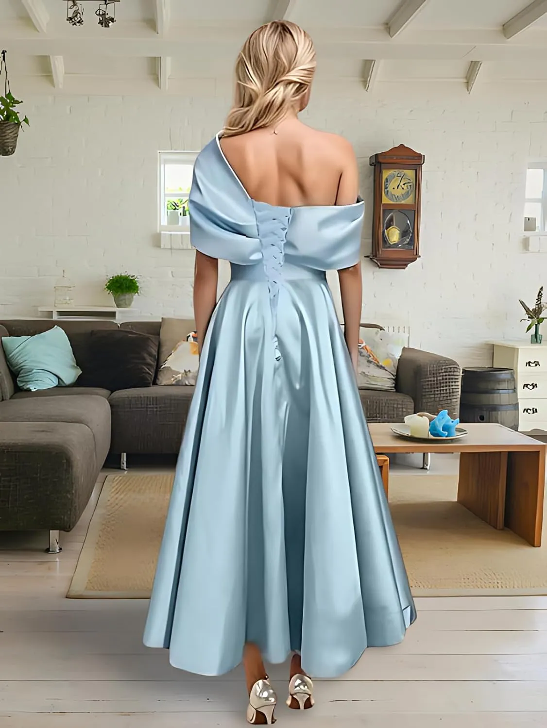 One Shoulder Satin Mother of The Bride Dresses for Women 2025 Tea Length A-Line Ruffle Formal Prom Evening Gowns