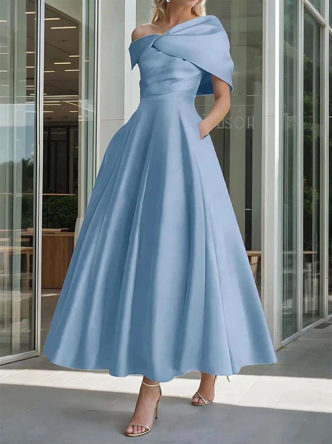 One Shoulder Satin Mother of The Bride Dresses for Women 2025 Tea Length A-Line Ruffle Formal Prom Evening Gowns