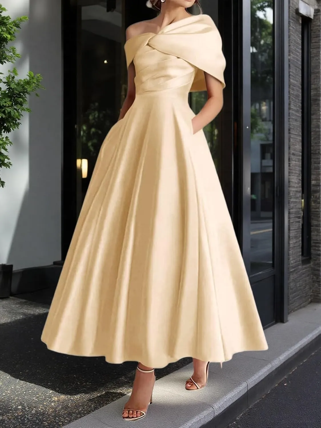 One Shoulder Satin Mother of The Bride Dresses for Women 2025 Tea Length A-Line Ruffle Formal Prom Evening Gowns