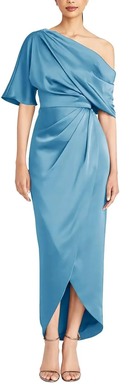One Shoulder Satin Mother of The Bride Dresses Tea Length Formal Evening Party Gowns for Women