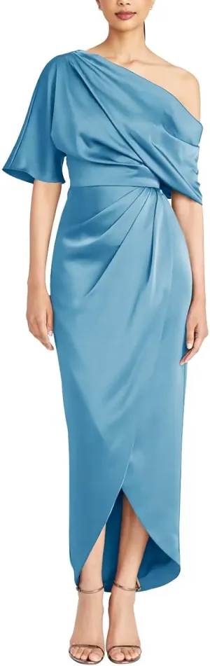 One Shoulder Satin Mother of The Bride Dresses Tea Length Formal Evening Party Gowns for Women