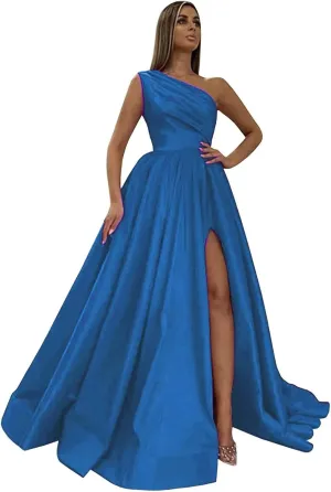 One Shoulder Satin Prom Dresses with Slit Long Formal Evening Party Dress 2024 Split Ball Gown with Pockets