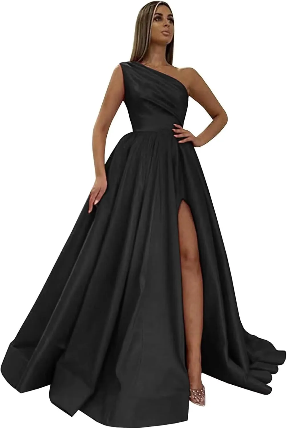 One Shoulder Satin Prom Dresses with Slit Long Formal Evening Party Dress 2024 Split Ball Gown with Pockets