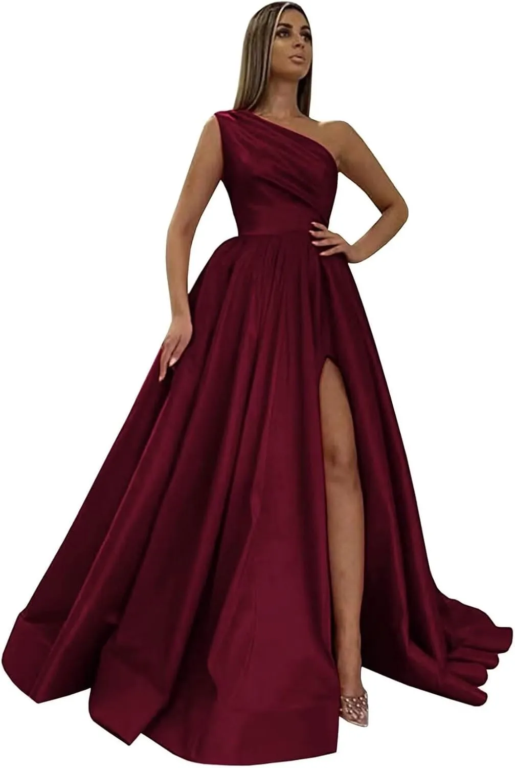 One Shoulder Satin Prom Dresses with Slit Long Formal Evening Party Dress 2024 Split Ball Gown with Pockets