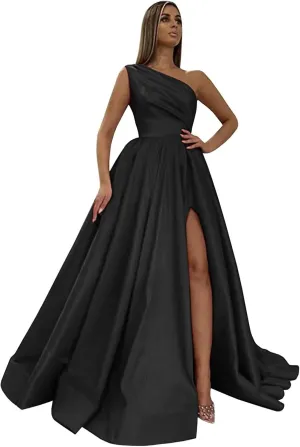 One Shoulder Satin Prom Dresses with Slit Long Formal Evening Party Dress 2024 Split Ball Gown with Pockets