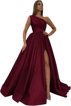 One Shoulder Satin Prom Dresses with Slit Long Formal Evening Party Dress 2024 Split Ball Gown with Pockets