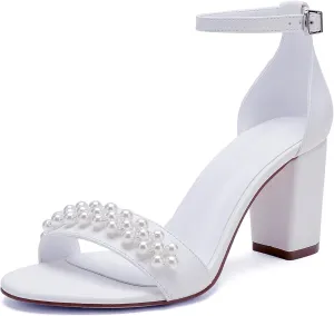 Open Toe Chunky Block Heels Satin Pearl Wedding Shoes for Bride High Heels Sandals Bridal Shoes Evening Prom Party Dress Shoes Pumps for Women