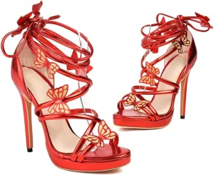 Open Toe Sandals Ankle Straps and Butterfly Ornaments Sexy Catwalk T-stage Hollow Gold Silver Stilettos High Heels for Women Dress Party Wedding Shoes