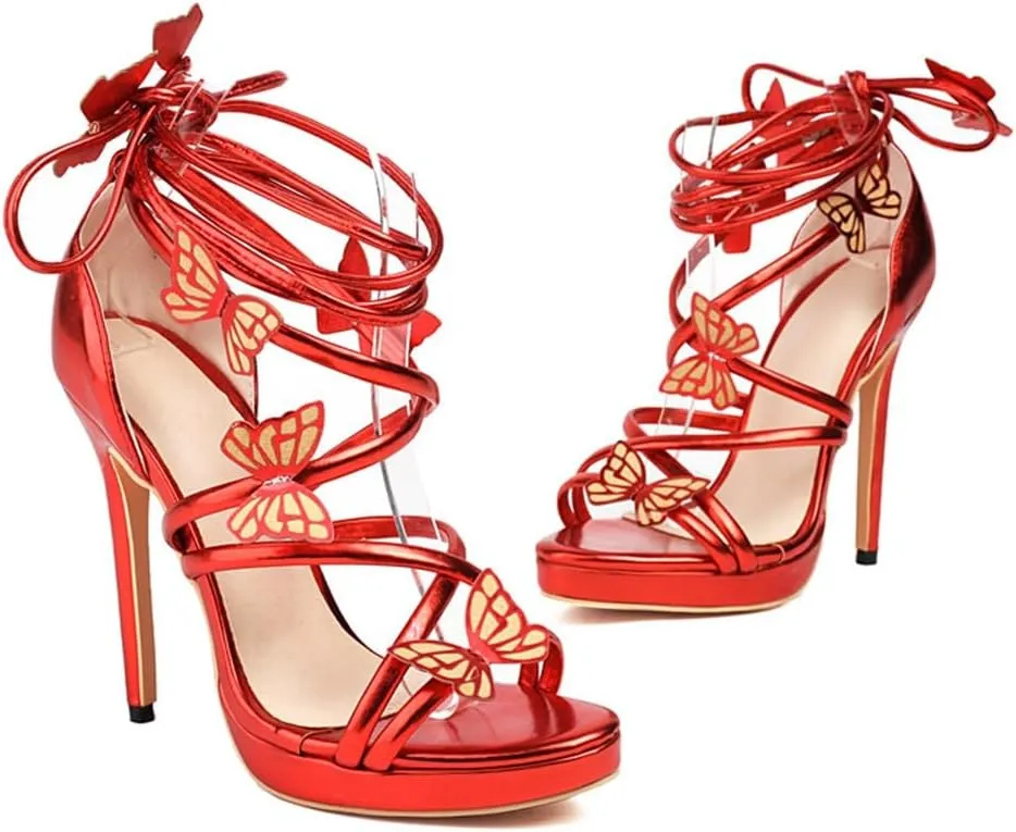Open Toe Sandals Ankle Straps and Butterfly Ornaments Sexy Catwalk T-stage Hollow Gold Silver Stilettos High Heels for Women Dress Party Wedding Shoes