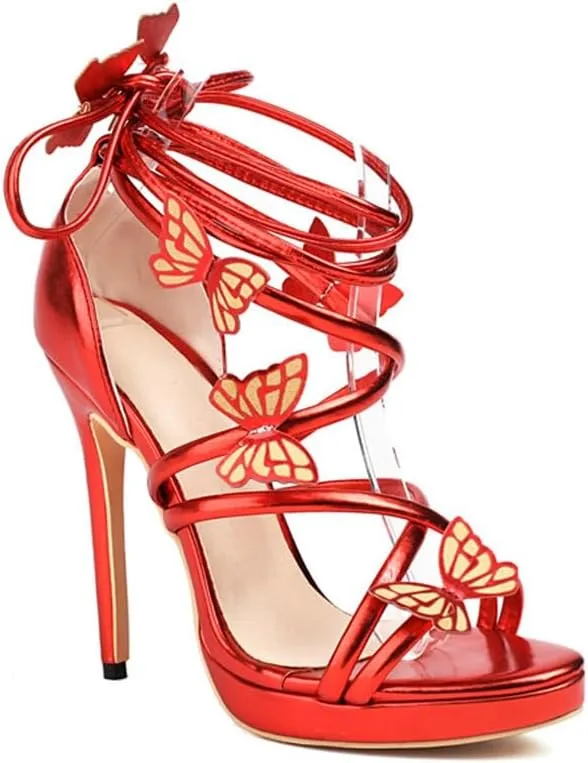 Open Toe Sandals Ankle Straps and Butterfly Ornaments Sexy Catwalk T-stage Hollow Gold Silver Stilettos High Heels for Women Dress Party Wedding Shoes
