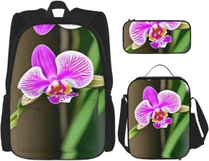 Orchid Print Stylish Travel Backpack And Lunch Box Set,600d Oxford Fabric,With Insulated Lunch Bag