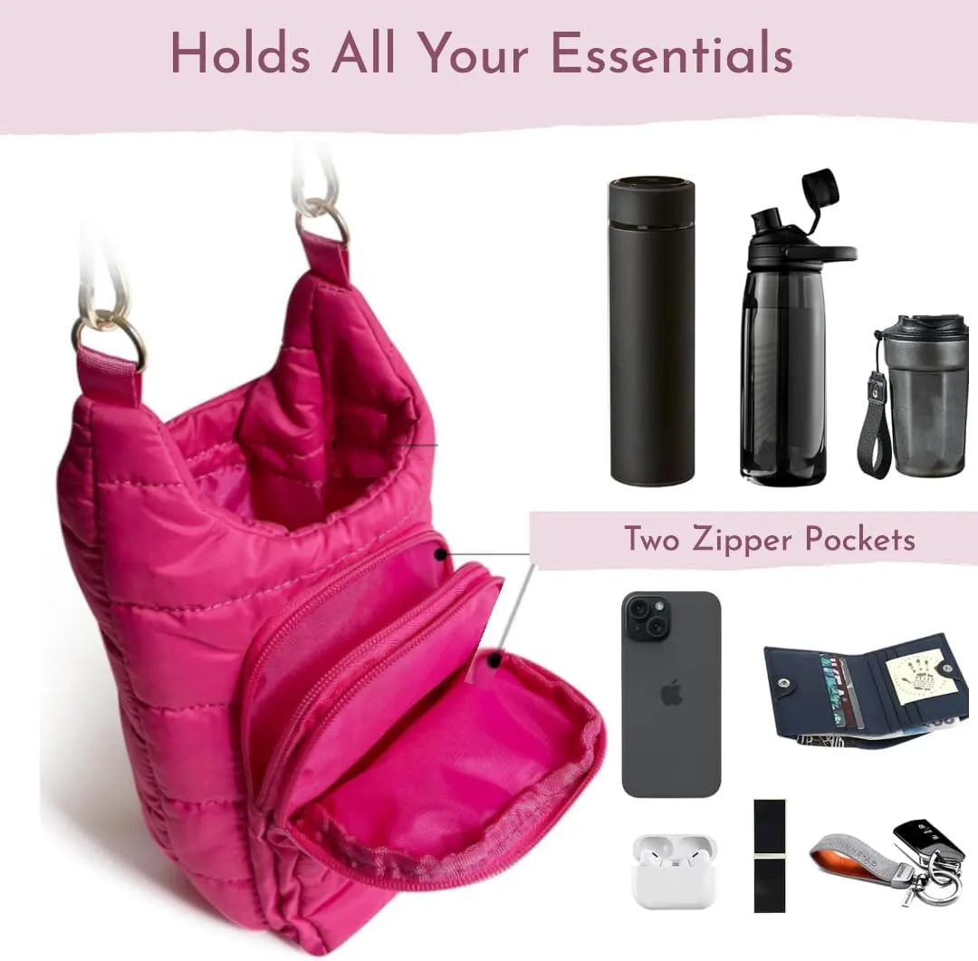 Original Crossbody Water Bottle Holder Bag with Strap.Stylish Puffer Bag.Pockets for Phone & Accessories.BEST GIFT