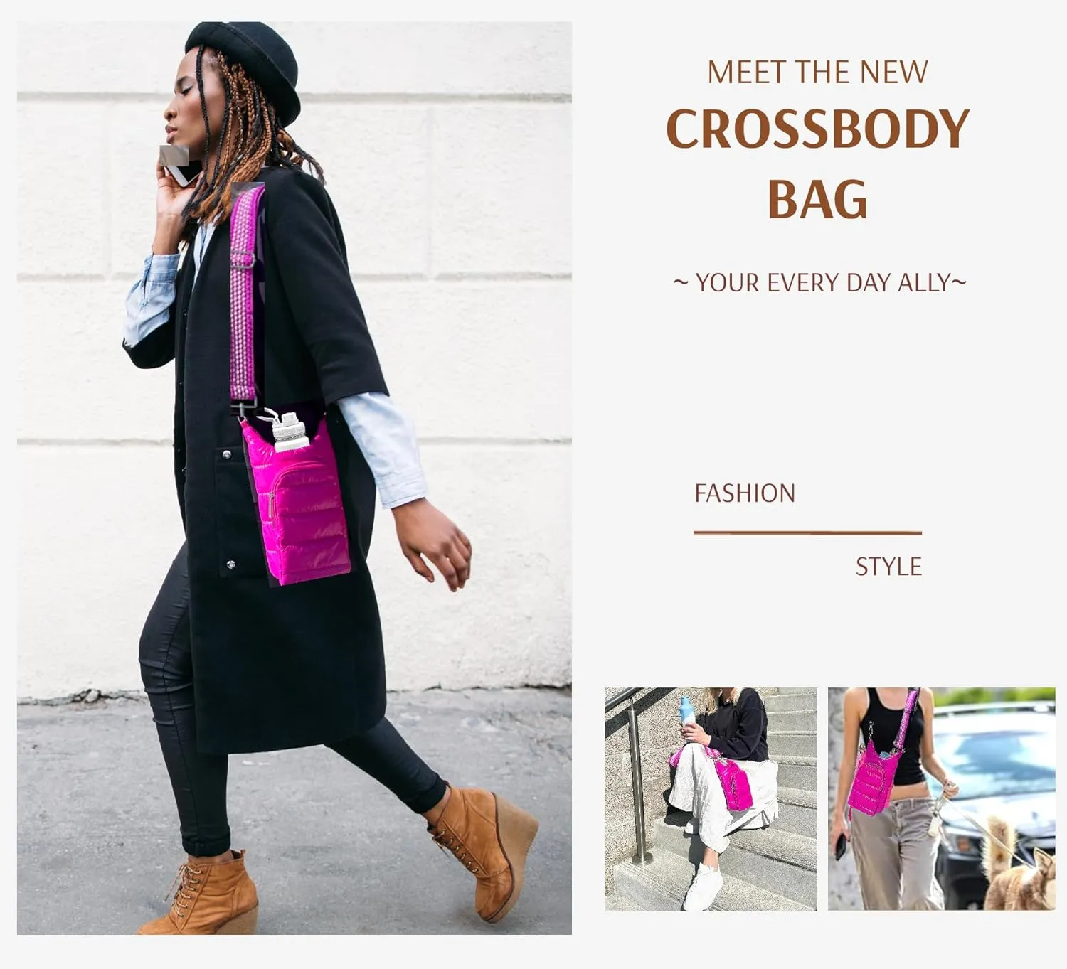 Original Crossbody Water Bottle Holder Bag with Strap.Stylish Puffer Bag.Pockets for Phone & Accessories.BEST GIFT