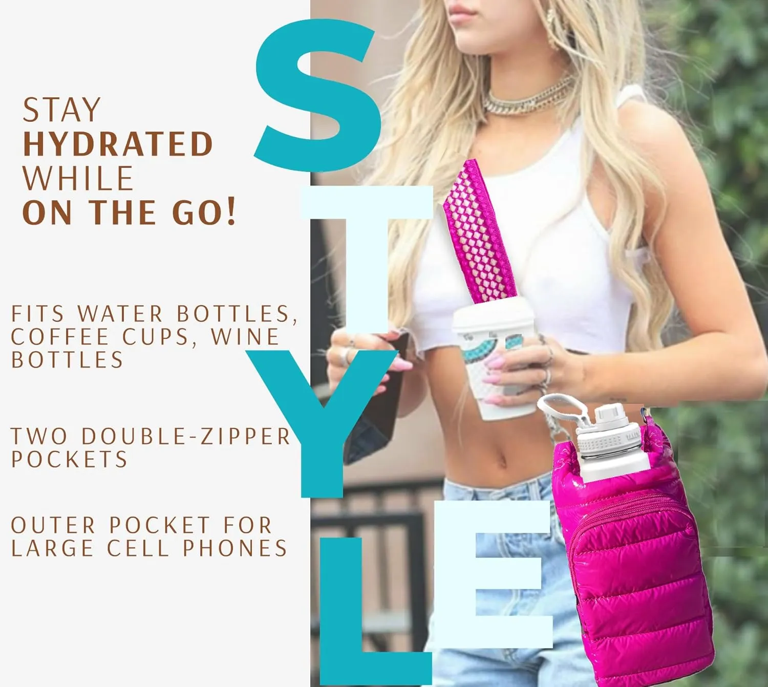 Original Crossbody Water Bottle Holder Bag with Strap.Stylish Puffer Bag.Pockets for Phone & Accessories.BEST GIFT
