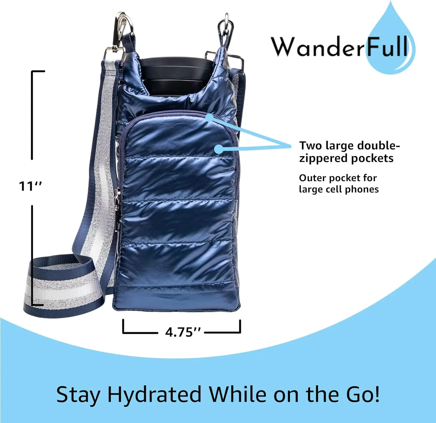 Original HydroBag | Quilted Water Bottle Holder with Strap | Tote Bottle Carrier Crossbody Bag with Pockets