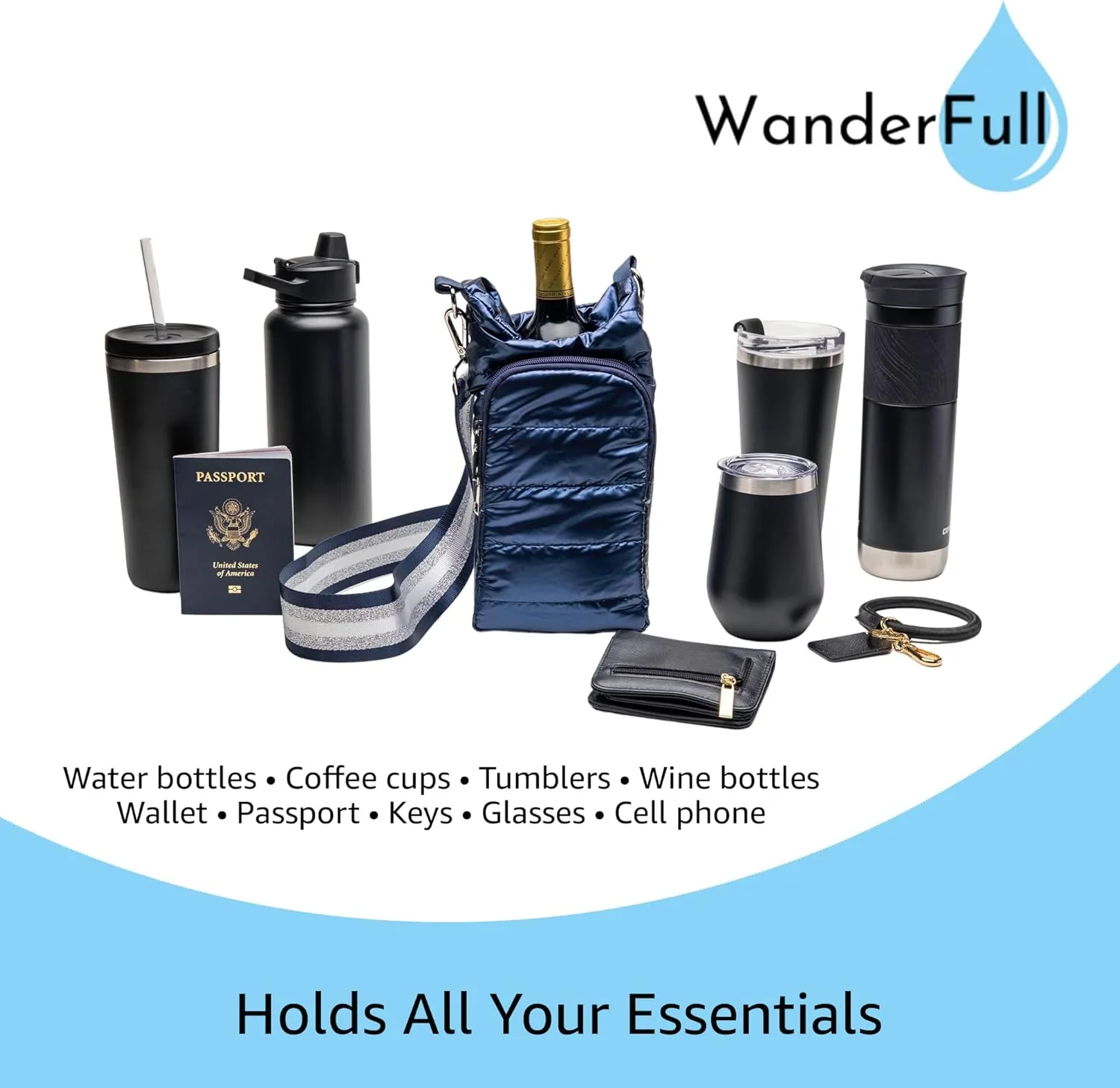 Original HydroBag | Quilted Water Bottle Holder with Strap | Tote Bottle Carrier Crossbody Bag with Pockets