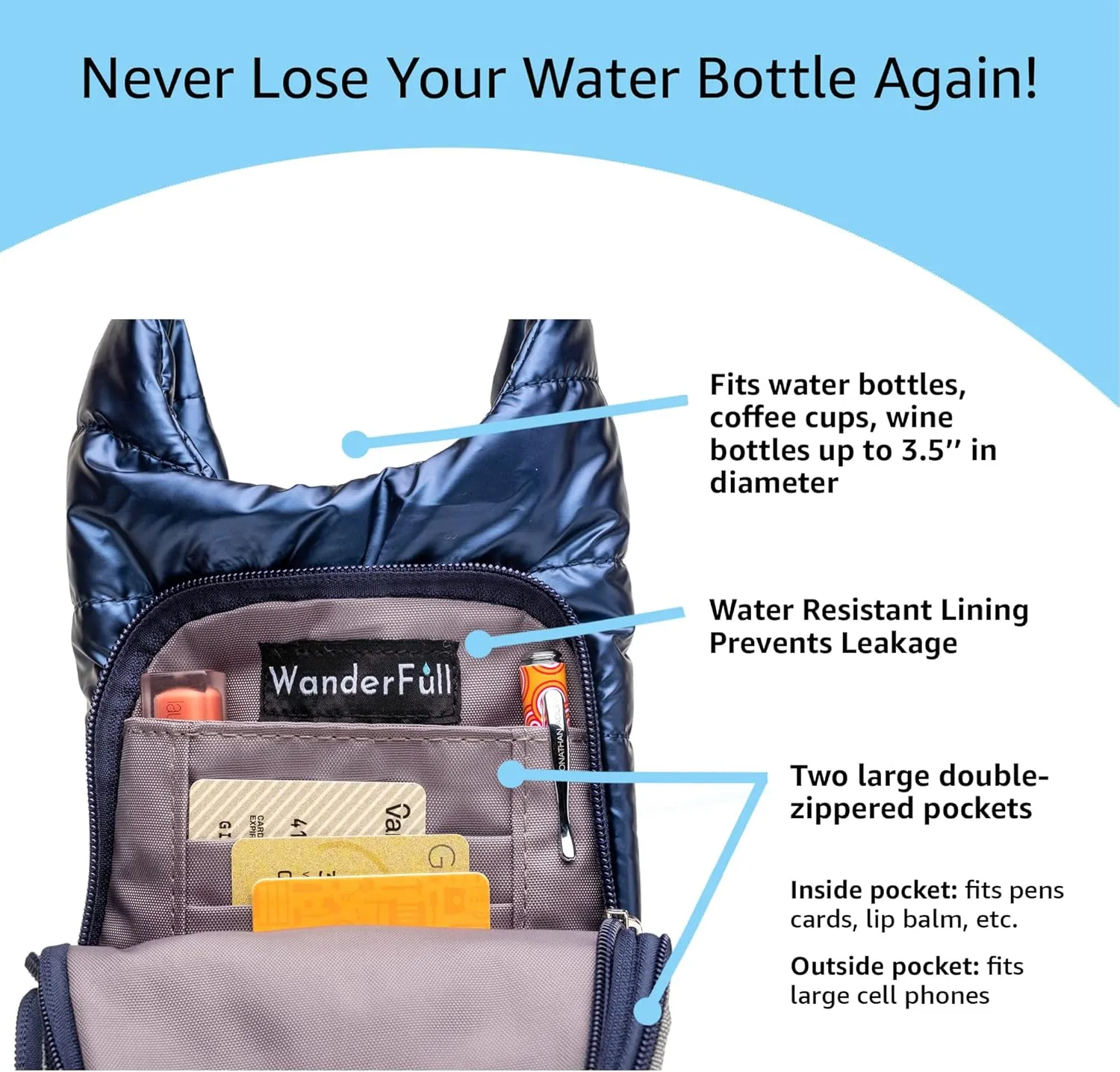 Original HydroBag | Quilted Water Bottle Holder with Strap | Tote Bottle Carrier Crossbody Bag with Pockets