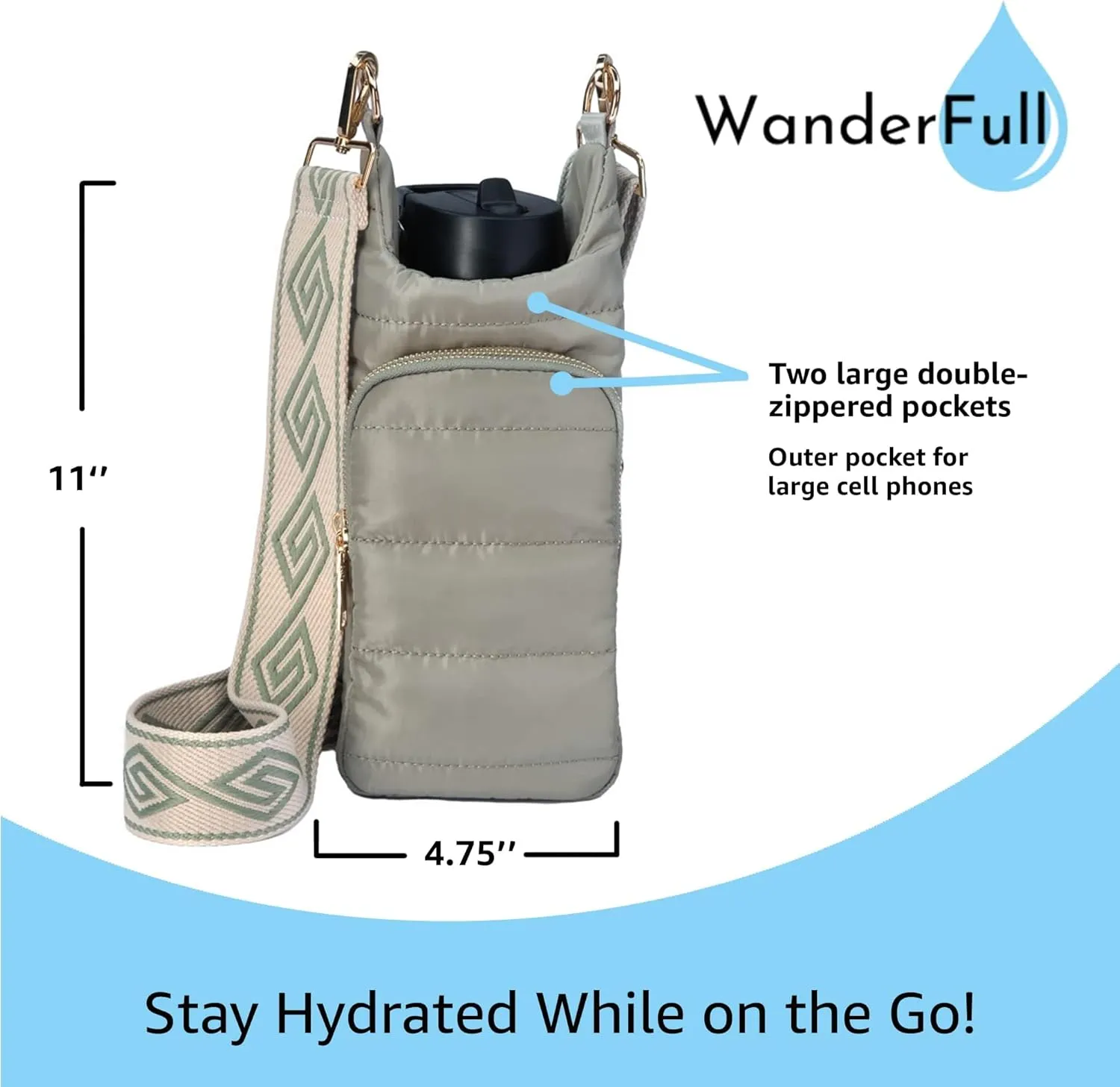 Original HydroBag | Quilted Water Bottle Holder with Strap | Tote Bottle Carrier Crossbody Bag with Pockets
