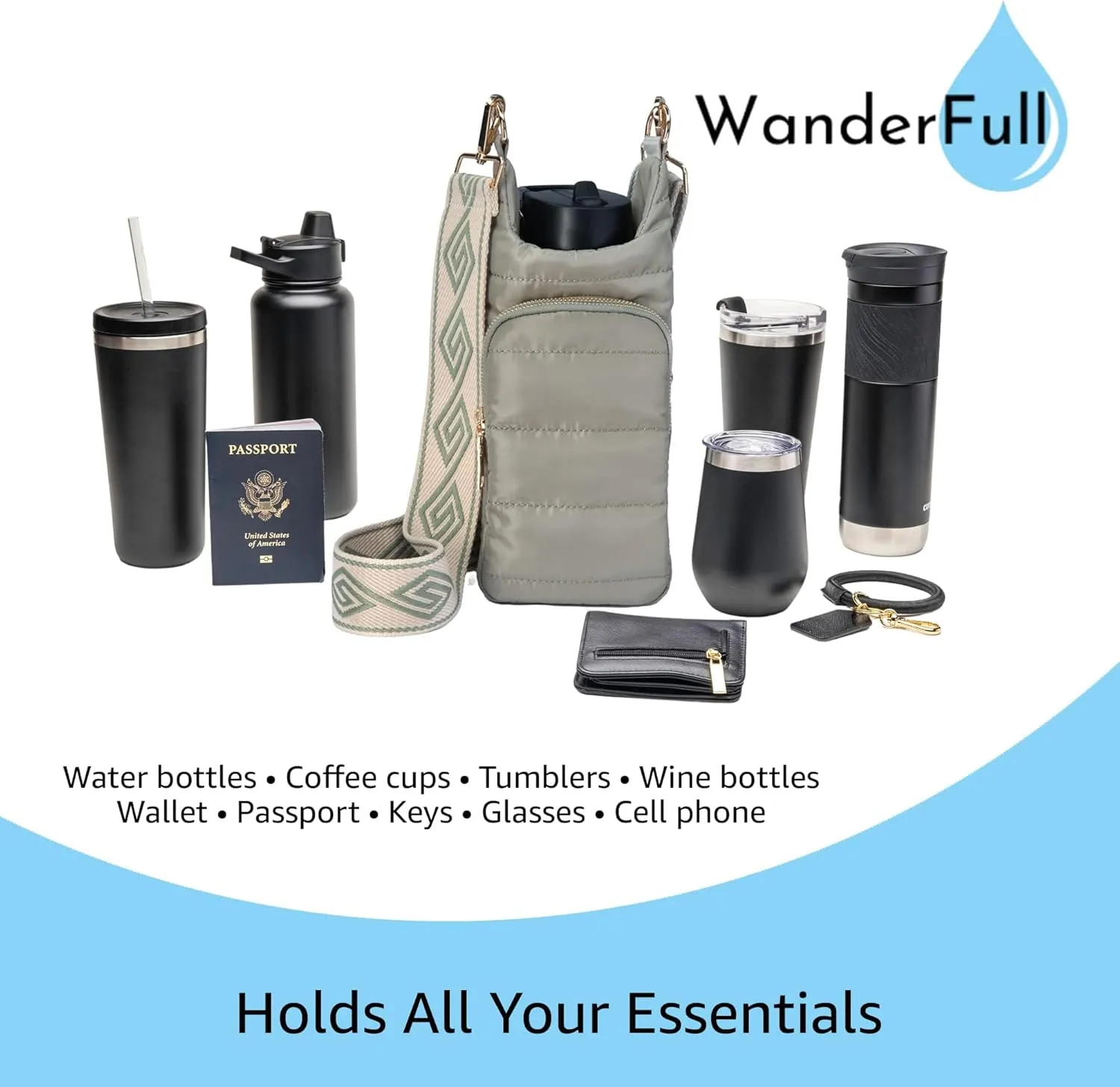 Original HydroBag | Quilted Water Bottle Holder with Strap | Tote Bottle Carrier Crossbody Bag with Pockets