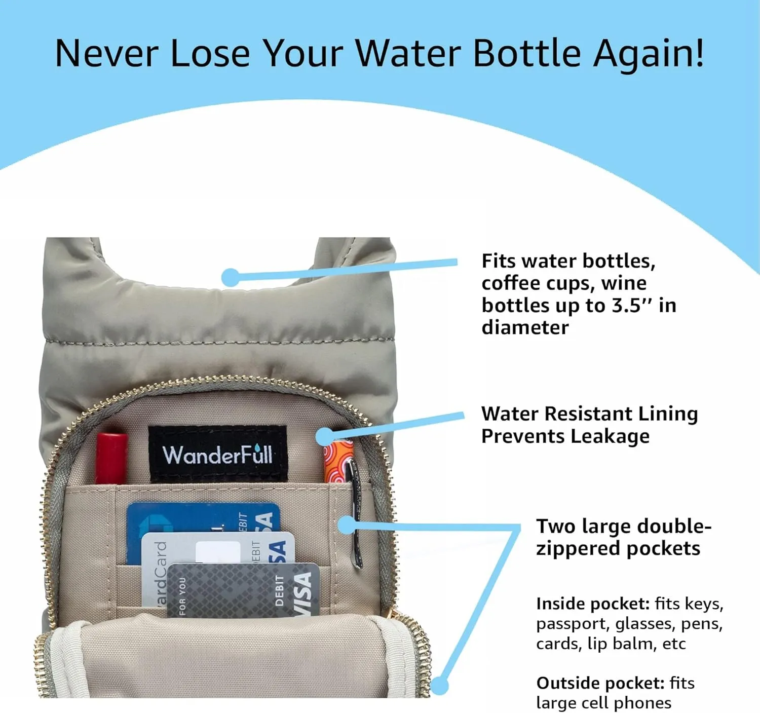 Original HydroBag | Quilted Water Bottle Holder with Strap | Tote Bottle Carrier Crossbody Bag with Pockets