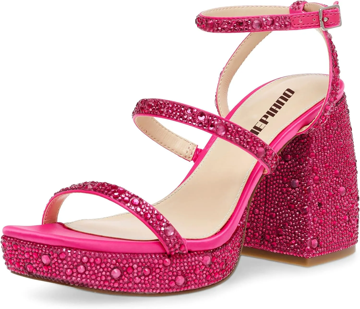 Ouepiano Women's Heeled Sandals Platform Rhinestone Square Toe Chunky High Heels Wedding Party Shoes
