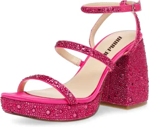 Ouepiano Women's Heeled Sandals Platform Rhinestone Square Toe Chunky High Heels Wedding Party Shoes
