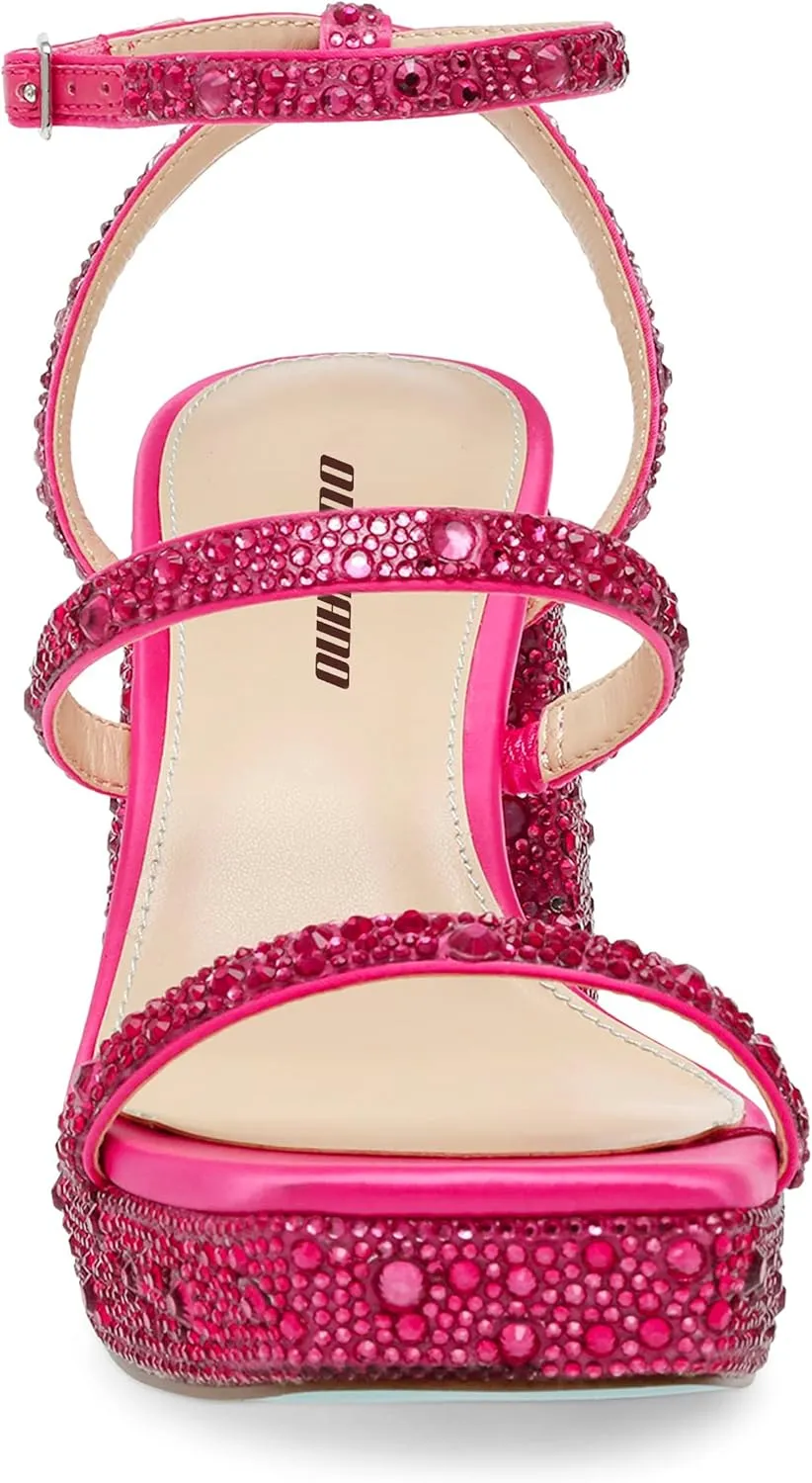 Ouepiano Women's Heeled Sandals Platform Rhinestone Square Toe Chunky High Heels Wedding Party Shoes