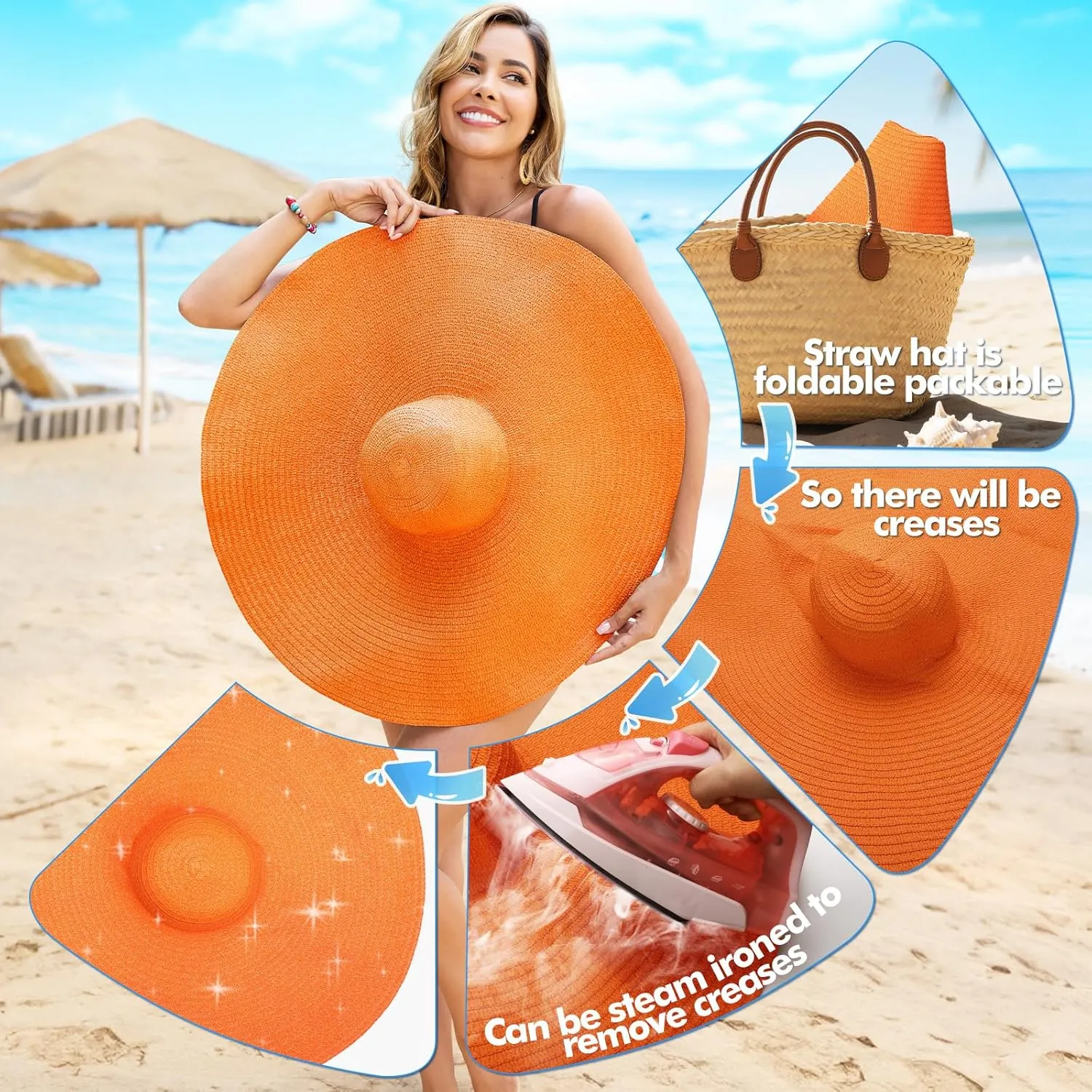 Oversized Beach Hat for Women Wide Brim Straw Sun Hat UPF 50  UV Protection Foldable Packable Travel Vacation Pool Outdoor