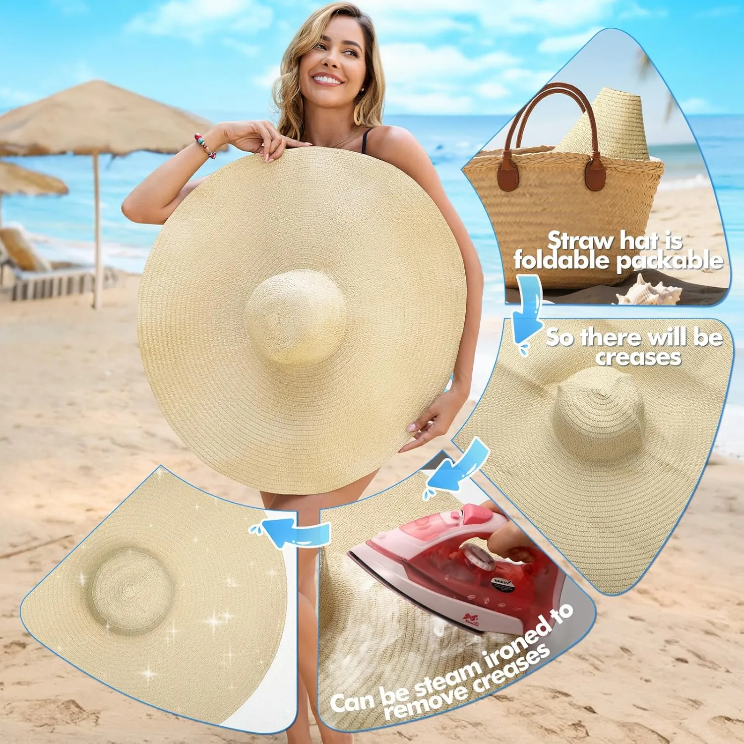 Oversized Beach Hat for Women Wide Brim Straw Sun Hat UPF 50  UV Protection Foldable Packable Travel Vacation Pool Outdoor