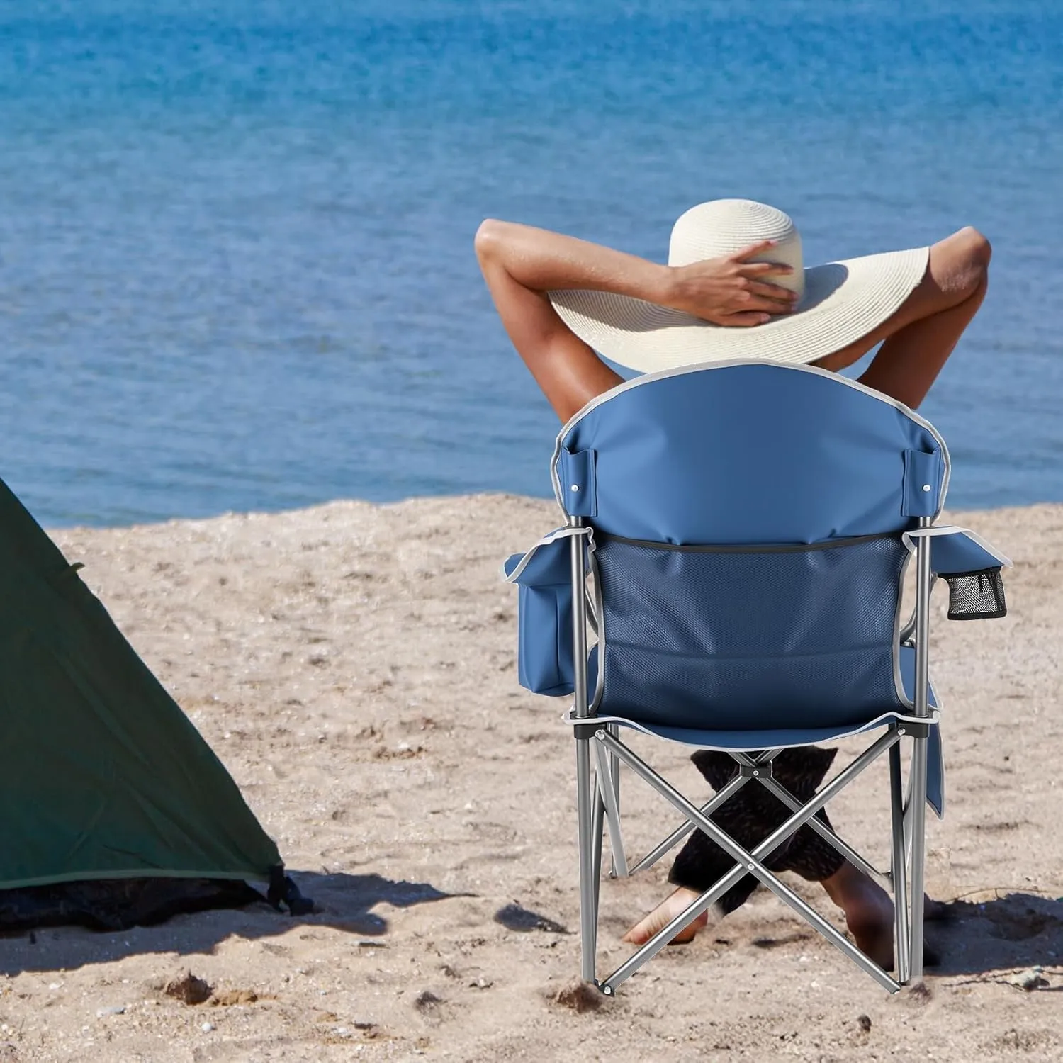 Oversized Folding Camping Chair, Heavy Duty Portable Beach Chair with Cooler Bag, Side Pocket & Cup Holder, Folding Chairs for Outdoor Indoor Use Support 500 LBS