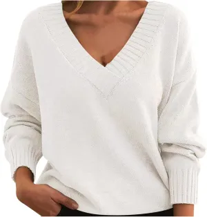 Oversized Long Sleeve v Neck Pullover Sweaters for Women Fall Fashion 2024 Dressy Casual Loose Soft Knit Sweater Tops