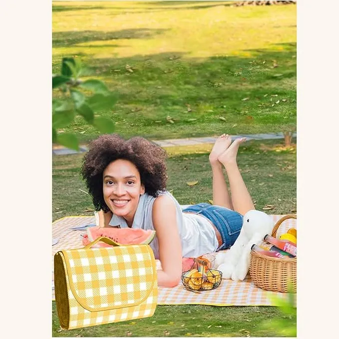 Oversized outdoor placemat Light Weight waterproof folding tote bag Yellow and White Stripes Perfect for Beach Lawn parties (Yellow and White stripes) (60""×80 "")