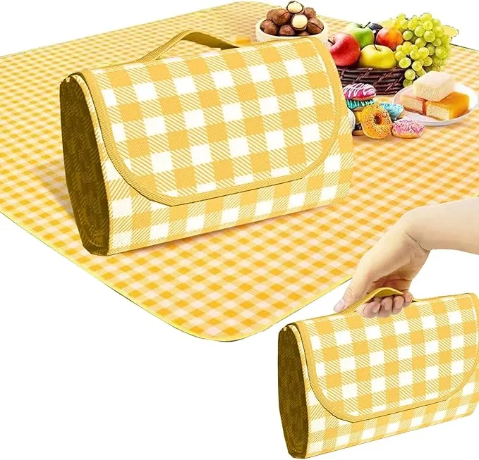 Oversized outdoor placemat Light Weight waterproof folding tote bag Yellow and White Stripes Perfect for Beach Lawn parties (Yellow and White stripes) (60""×80 "")