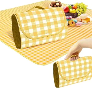 Oversized outdoor placemat Light Weight waterproof folding tote bag Yellow and White Stripes Perfect for Beach Lawn parties (Yellow and White stripes) (60""×80 "")