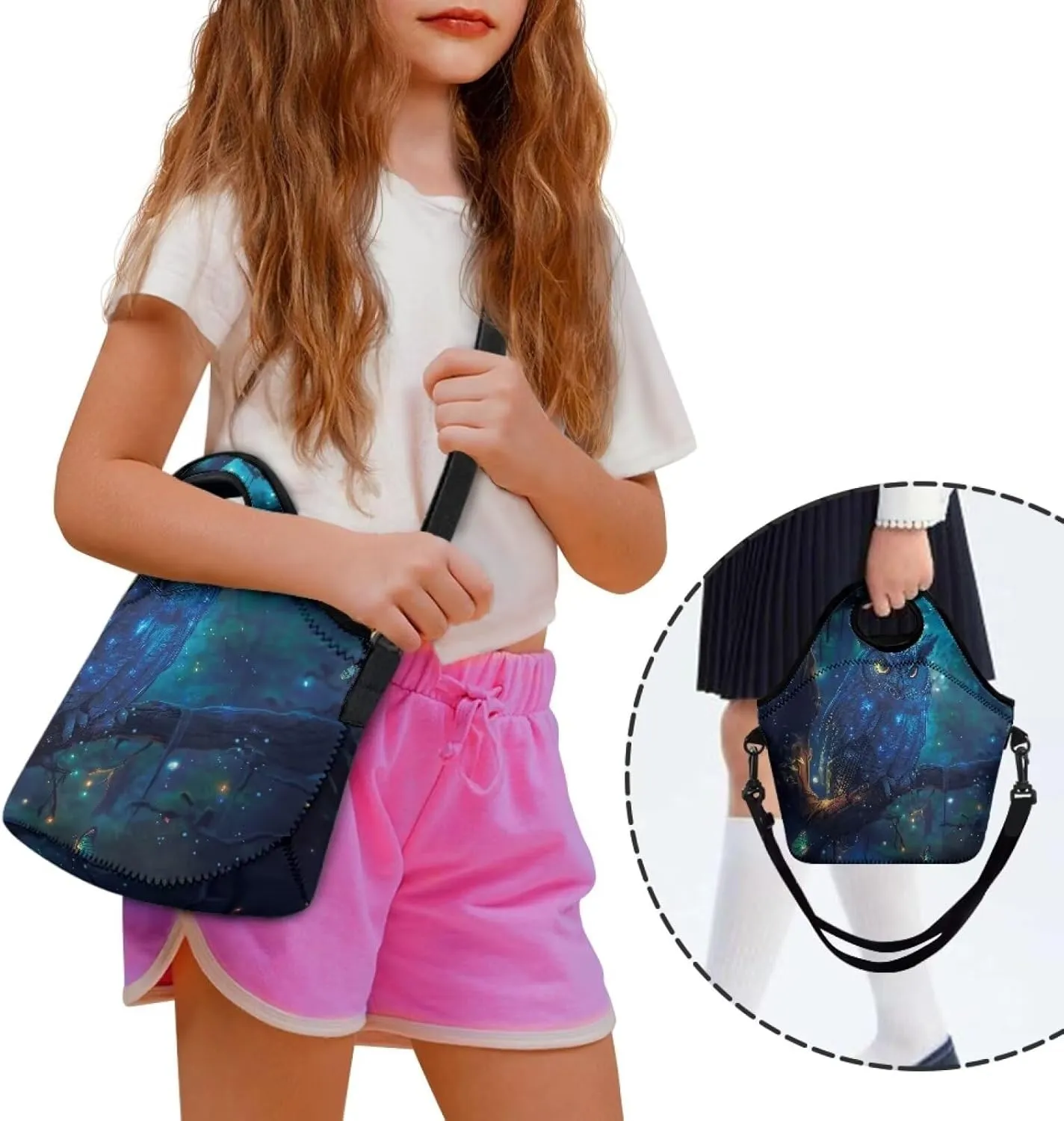 Owl Print Insulated Lunch Bag Large Capacity Lunch Box Cooler Cross-Body Meal Bag for Boys Girls Fit School or Daily Use